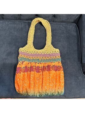 Cappelli Straworld Multicolor Crochet and Fabric Tote Bag, Beaded tassels